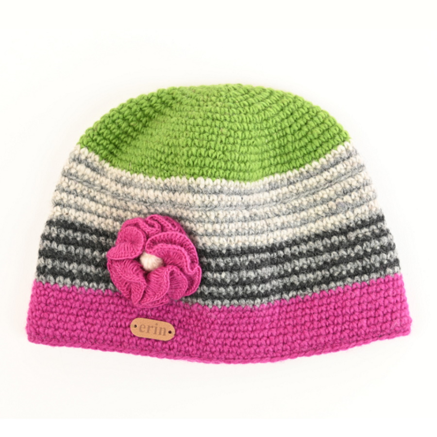 Crochet Cap with Corsage Pink/Green PK1421 - Erin Knitwear