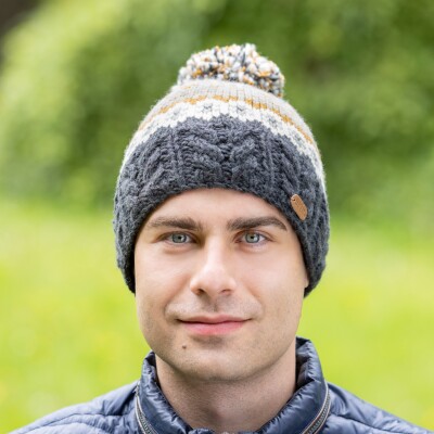 PK2004 Aran Cable Bobble Pullon Hat Caramel/Grey