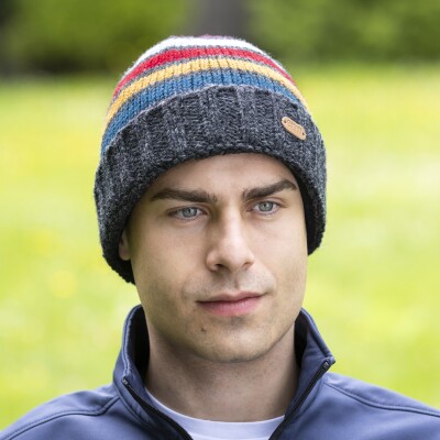 Rib Pullon Turn Up Hat Charcoal and Teal Stripes PK2222