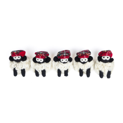 Knitted Wool Magnet Sheep MBF w/Tartan Red Flat-cap Solid (Pack of 10)