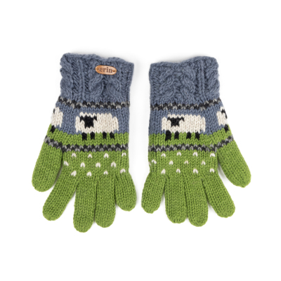 Aran Cable Sheep Finger Glove Blue & Green PK1900